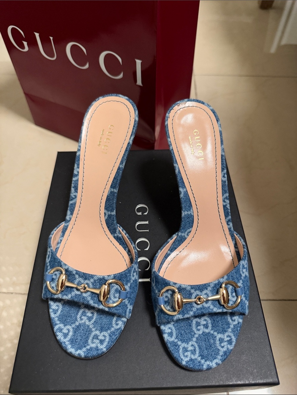 Gucci Blue Denim GG Logo Horsebit Mules